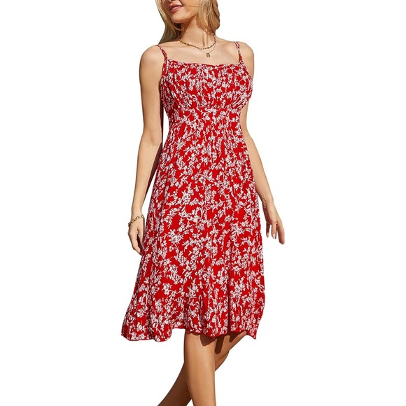 Grace Karin Dresses & Skirts - Grace Karin Sz S Oversized Midi Red Floral Tank Dress Stretch Pleated Lined